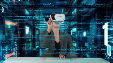 VR yenilik arayüzü dijital ağ teknolojisi görsel hologram sunucusu tarafından akıllı web sitesi geliştirme kodlayıcı veri seçimini analiz etmek için bilgisayar kodu yazan IT geliştiricisi. Kısıtlanma.