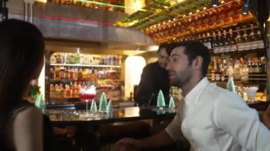 VIP grubu, barın önünde oturmuş arkadaşlarıyla ya da barmen hazırlarken karışık punç kokteyli içen çiftle yaşam tarzı seyahatlerini tartışıyor tezgahın üzerinde arka taraftaki süslü Noel ağacını hazırlıyor. Vinosity.