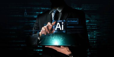 Yapay zeka sanal asistanı Chatbot ile yapay zeka konsepti ile insan etkileşimi, yapay zeka mühendisliği, LLM yapay zeka derin öğrenimi iş desteği için üretken yapay zeka kullanımı. FaaS