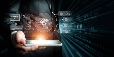 Yapay zeka sanal asistanı Chatbot ile yapay zeka konsepti ile insan etkileşimi, yapay zeka mühendisliği, LLM yapay zeka derin öğrenimi iş desteği için üretken yapay zeka kullanımı. FaaS