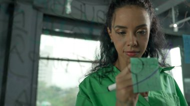 Genç İspanyol çalışanlar renkli yapışkan notlar yazıyorlar. Akıllı iş kadını pazarlama fikrini, beyin fırtınası stratejisini, iş planını paylaşıyor. Proje yöneticisi zihin haritası çiziyor. - Yakın çekim. Yönlendirici.