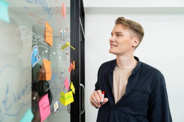 Kafkasyalı profesyonel iş adamının zihin haritası ve renkli yapışkan notlar kullanarak iş pazarlama fikrini kendine güvenle sunuşunun yakın görüntüsü. Proje konseptini başlat. Portre. Tertemiz..