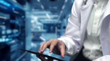 Hologram tabletten yüzerken, doktorun tıbbi haç hologramını seçip tablet içine ithal etmesine yakın durun. Genel pratisyen hekim, teknolojiyi kullanarak sağlık sistemine erişip kontrol ediyor. İyileştirici.