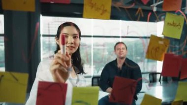 Genç kendine güvenen iş kadını projeyi uzman yatırımcıya sundu. Profesyonel proje yöneticisi başlangıç projesini açıklamak için yapışkan notlar kullanır, beyin fırtınası fikirlerini yatırımcıya paylaşır. Yönlendirici.