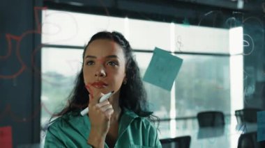 Skills 'in genç ve güzel İspanyol proje yöneticisi pazarlama fikrini düşünüyor. Ofisteki cam tahtada yapışkan notlar kullanarak iş planı yapan profesyonel bir iş kadını. Yönlendirici.