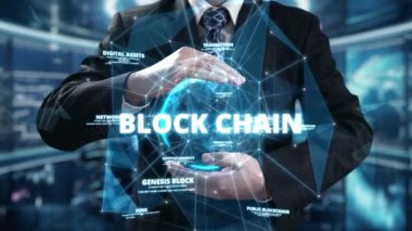 İşadamlarının elinde engelleme teknolojisi kavramları var. Finansal p2p ağı ve kripto para birimi ticareti UUID