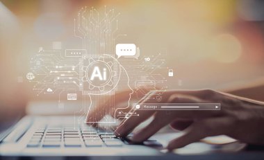 Yapay zeka sanal asistanı Chatbot ile yapay zeka konsepti ile insan etkileşimi, yapay zeka mühendisliği, LLM yapay zeka derin öğrenimi iş desteği için üretken yapay zeka kullanımı. EIDE