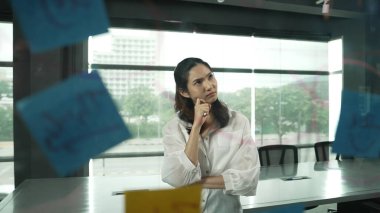 Güzel bayan lider cam tahtanın önünde projeye başlamayı düşünüyor. Gülümseyen genç proje yöneticisi yaratıcılık pazarlama stratejisini gösteren renkli yapışkan notlara bakıyor. Yönlendirici.