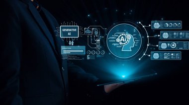 Yapay zeka mühendisliği, büyük veri ve yapay zeka makinesi kavramında yapay zeka beyin işlemcisiyle iş desteği için üretken yapay zeka kullanmayı öğrenen insan etkileşimi. Kullanıcı Kimliği