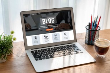 blogging concept, web blog Social Media Information network snugly. social media online content, freelance worker, working online, content creator, blogger, website, reading blog online on computer