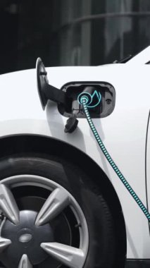 İş adamı, şehir merkezindeki şarj istasyonundan ya da otoparktan EV şarj aletini çıkardı. Şehir yaşam tarzında alternatif temiz enerji kullanan çevre dostu şarj edilebilir araba. İnceleyin.