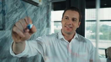 Akıllı lider iş adamı cam tahtanın önünde projeyle ilgili yazı yazıyor. Gülümseyen erkek proje yöneticisi fikir paylaşımı, yapışkan notlar üzerine plan yaratıcılık pazarlama stratejisini gösteriyor. Yönlendirici.