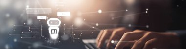 Yapay zeka sanal asistanı Chatbot ile yapay zeka konsepti ile insan etkileşimi, yapay zeka mühendisliği, LLM yapay zeka derin öğrenimi iş desteği için üretken yapay zeka kullanımı. EIDE