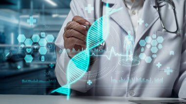 Elinde tabletle masada oturan yetenekli doktorların yakın çekimleri hastanede bulanık bir geçmişi olan DNA hologramına işaret ediyor. Tıp çalışanı genetik bozuklukları kontrol ediyor ve inceliyor. İyileştirici.