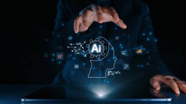 Yapay zeka mühendisliği, büyük veri ve yapay zeka makinesi kavramında yapay zeka beyin işlemcisiyle iş desteği için üretken yapay zeka kullanmayı öğrenen insan etkileşimi. Kullanıcı Kimliği