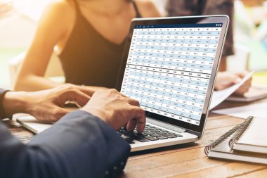 Bilgisayar ekranındaki muhasebe yazılımı finansal hesap tablolarını ve kurumsal iş dengelerini gösteriyor. Muhasebeciye iyi bir muhasebe sunuyor.