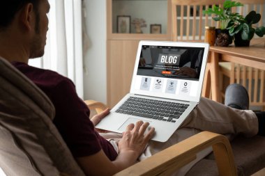 blogging concept, web blog Social Media Information network snugly. social media online content, freelance worker, working online, content creator, blogger, website, reading blog online on computer