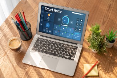 Smart home technology, centric remote control system with digital dashboard for air conditioning, safety security network or house automation. App software, ui panel programming IOT monitor snugly