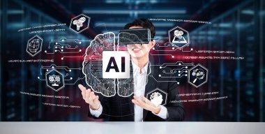 Yapay zeka teknolojisini kullanarak çalışan gözlüklü bir iş adamı. Resmi kıyafet kontrolü ve üst veriye erişimi olan proje yöneticisi geliştirilmiş ve bulanık arkaplan kullanan bir teknoloji kullanıyor. Yaratıcılık.