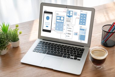 Model mobil uygulama ve web sitesi için UX UI tasarım süreci. Profesyonel uygulama geliştiricisi için kablo grafiğinin yaratıcı prototipi .