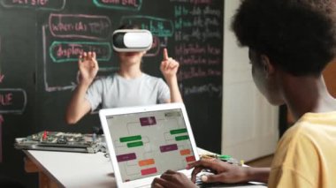 Afrikalı erkek programlama sistemi, beyaz bir kız karatahtanın başında mühendislik kodlarıyla otururken metaverse 'e giriyor. Liseli kız STEM teknolojisinde VR ya da kulaklık takıyor. Öğretim