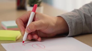 Yavaş çekim kapanış çalışanı stratejik pazarlama planı yapıyor ve toplantı odasındaki ofis masasına renkli yapışkan notlarla zihin haritası yapıyor. Değiştirilmiş