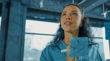 Genç İspanyol çalışanlar renkli yapışkan notlar yazıyorlar. Akıllı iş kadını pazarlama fikrini, beyin fırtınası stratejisini, iş planını paylaşıyor. Proje yöneticisi zihin haritası çiziyor. - Yakın çekim. Yönlendirici.