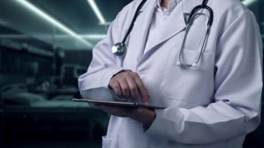 Doktorun elinde insan kalbi hologramıyla hastanede bulanık bir geçmişi olan tableti tutmasına yakın çekim. Laboratuvar önlüklü zeki bir tıp çalışanı kalp atışlarıyla insan organlarını kontrol ediyor. İyileştirici.