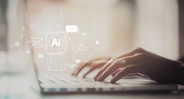 Yapay zeka sanal asistanı Chatbot ile yapay zeka konsepti ile insan etkileşimi, yapay zeka mühendisliği, LLM yapay zeka derin öğrenimi iş desteği için üretken yapay zeka kullanımı. EIDE