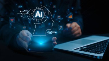 Yapay zeka mühendisliği, büyük veri ve yapay zeka makinesi kavramında yapay zeka beyin işlemcisiyle iş desteği için üretken yapay zeka kullanmayı öğrenen insan etkileşimi. Kullanıcı Kimliği