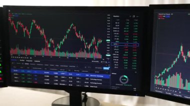 Hisse senedi borsası pazarlamasını analiz eden yavaş çekim şirketindeki yatırımcılar, kayıp için mum bar fiyatını analiz eden monitörlere bakıyor ve kazanç ve kâr elde ediyor. Filizlenen