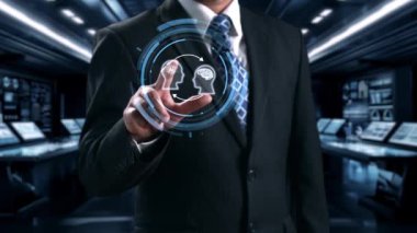 Yapay zeka mühendisliği, büyük veri ve yapay zeka makinesi kavramında yapay zeka beyin işlemcisiyle iş desteği için üretken yapay zeka kullanmayı öğrenen insan etkileşimi. Kullanıcı Kimliği