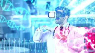 DNA hologramına bakarken genetik semptomları açıklayan ve paylaşan yetenekli bir tıp çalışanı. Kalp semptomu teşhis edilirken VR kulaklık takan profesyonel bir doktor. Teknoloji. Aygıt.