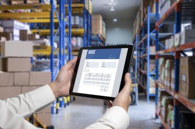 Muhasebe uygulamasından gelen fatura bilgisayar ekranında. Şirket işlerinin finans ve bütçesi için bilgisayar programı. Rahatça..