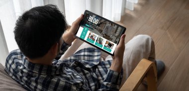 blogging concept, web blog Social Media Information network snugly. social media online content, freelance worker, working online, content creator, blogger, website, reading blog online on computer