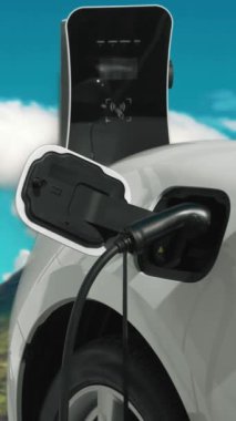 Temiz çevre için temiz enerjinin yol açtığı ilerici elektrikli araba kavramının arka planı olarak dağın tepesinde bulutun zaman kavramının yer aldığı doğal manzara. EV araba şarj istasyonunda şarj oluyor..