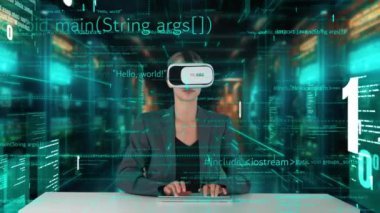 VR yenilik arayüzü dijital ağ teknolojisi görsel hologram sunucusu tarafından akıllı web sitesi geliştirme kodlayıcı veri seçimini analiz etmek için bilgisayar kodu yazan IT geliştiricisi. Kısıtlanma.