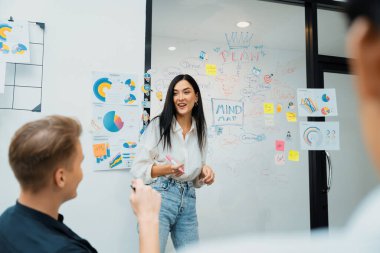 Kafkasyalı genç bir yönetici, iş sorularını güvenle cevaplarken zihin haritası, grafik kullanarak pazarlama stratejisi sunuyor. Takım çalışması, beyin fırtınası, tartışma konsepti. Tertemiz..