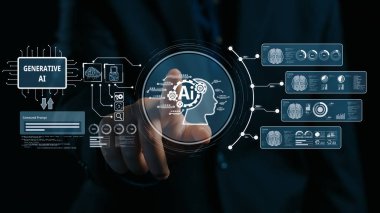 Yapay zeka mühendisliği, büyük veri ve yapay zeka makinesi kavramında yapay zeka beyin işlemcisiyle iş desteği için üretken yapay zeka kullanmayı öğrenen insan etkileşimi. Kullanıcı Kimliği