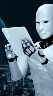 AI robot huminoid uses cloud computing technology to store data on online server . Futuristic concept of cloud information storage analyzed by machine learning process . 3D rendering .