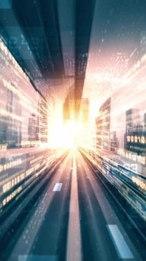 Yol üzerindeki dijital veri akışının dijital dönüşümü, yıkıcı yeniliği göstermek için grafik ile programlama kodlama kavramında hızlı aktarım vizyonu yaratan döngüsel videosu. Kusursuz Döngü .