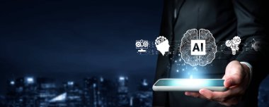 Yapay zeka mühendisliği, büyük veri ve yapay zeka makinesi kavramında yapay zeka beyin işlemcisiyle iş desteği için üretken yapay zeka kullanmayı öğrenen insan etkileşimi. Faas