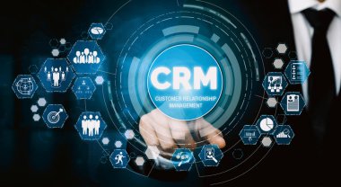 CRM Customer Relationship Management for business sales marketing system concept presented in futuristic graphic interface of service application to support CRM database analysis. uds clipart