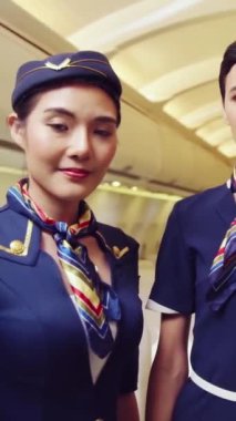 Kabin ekibi uçakta el çırpıyor. Havayolu taşımacılığı ve turizm kavramı.