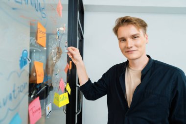 Kafkasyalı profesyonel iş adamının zihin haritası ve renkli yapışkan notlar kullanarak iş pazarlama fikrini kendine güvenle sunuşunun yakın görüntüsü. Proje konseptini başlat. Portre. Tertemiz..