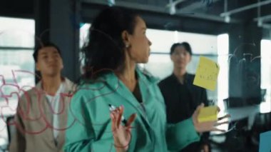 Hispanik çalışanlar, yatırımcılar ayakta durup dinlerken pazarlama fikirleri üretmeye başlarlar. Kadın lider beyin fırtınası iş planı sunuyor. Cam duvardaki yapışkan nota yazılmış bir strateji. Yönlendirici