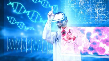 DNA hologramına bakarken genetik semptomları açıklayan ve paylaşan yetenekli bir tıp çalışanı. Kalp semptomu teşhis edilirken VR kulaklık takan profesyonel bir doktor. Teknoloji. Aygıt.