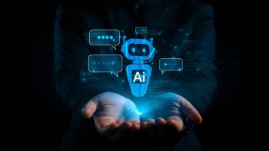 Yapay zeka sanal asistanı Chatbot ile yapay zeka konsepti ile insan etkileşimi, yapay zeka mühendisliği, LLM yapay zeka derin öğrenimi iş desteği için üretken yapay zeka kullanımı. Kullanıcı Kimliği