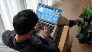 Smart home technology, centric remote control system with digital dashboard for air conditioning, safety security network or house automation. App software, ui panel programming IOT monitor snugly