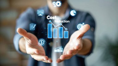 Maliyet azaltma, dijital grafik EIDE örtüşmeleri ile gösterilen maliyet tasarrufu kavramı, kurumsal işletmeler gereksiz harcamaların azaltılması yoluyla maliyet ve şirket kaynaklarını etkili bir şekilde tasarruf eder